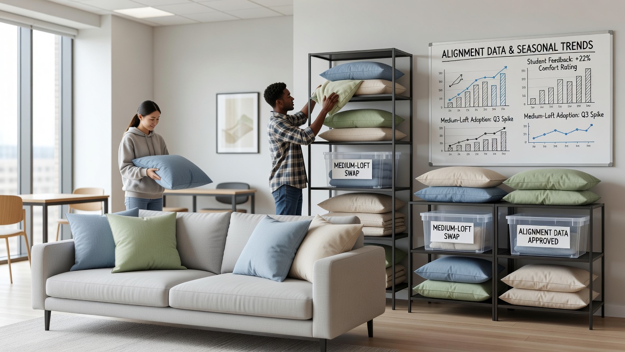 Students exchanging seasonal bedding items including medium-loft pillows in a university residence hall