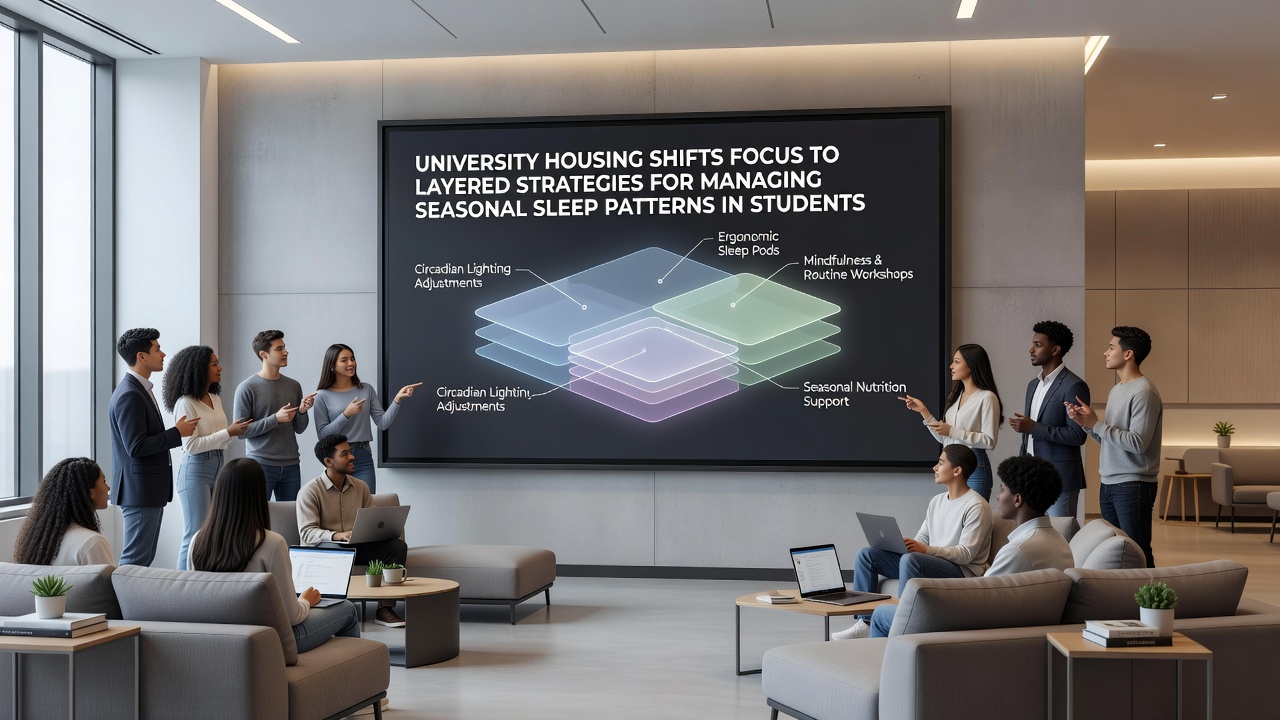 Student common area with educational posters on sleep hygiene and seasonal lighting adjustments